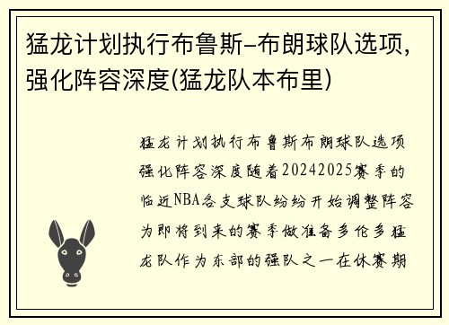 猛龙计划执行布鲁斯-布朗球队选项，强化阵容深度(猛龙队本布里)
