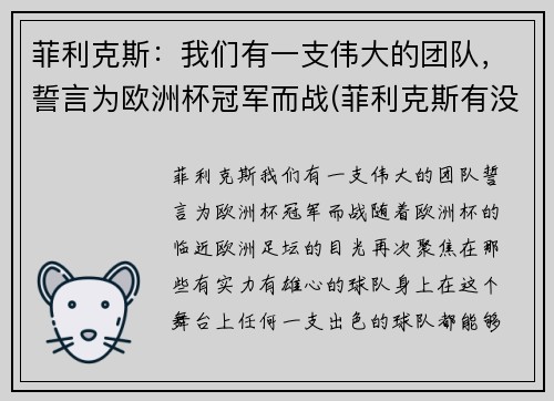 菲利克斯：我们有一支伟大的团队，誓言为欧洲杯冠军而战(菲利克斯有没有参加欧洲杯)