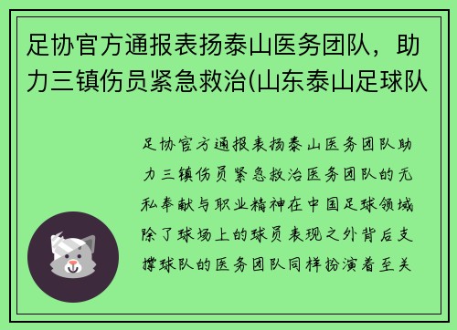 足协官方通报表扬泰山医务团队，助力三镇伤员紧急救治(山东泰山足球队人员名单)
