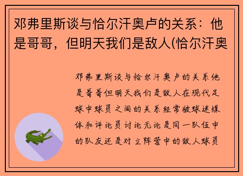 邓弗里斯谈与恰尔汗奥卢的关系：他是哥哥，但明天我们是敌人(恰尔汗奥卢对比埃里克森)